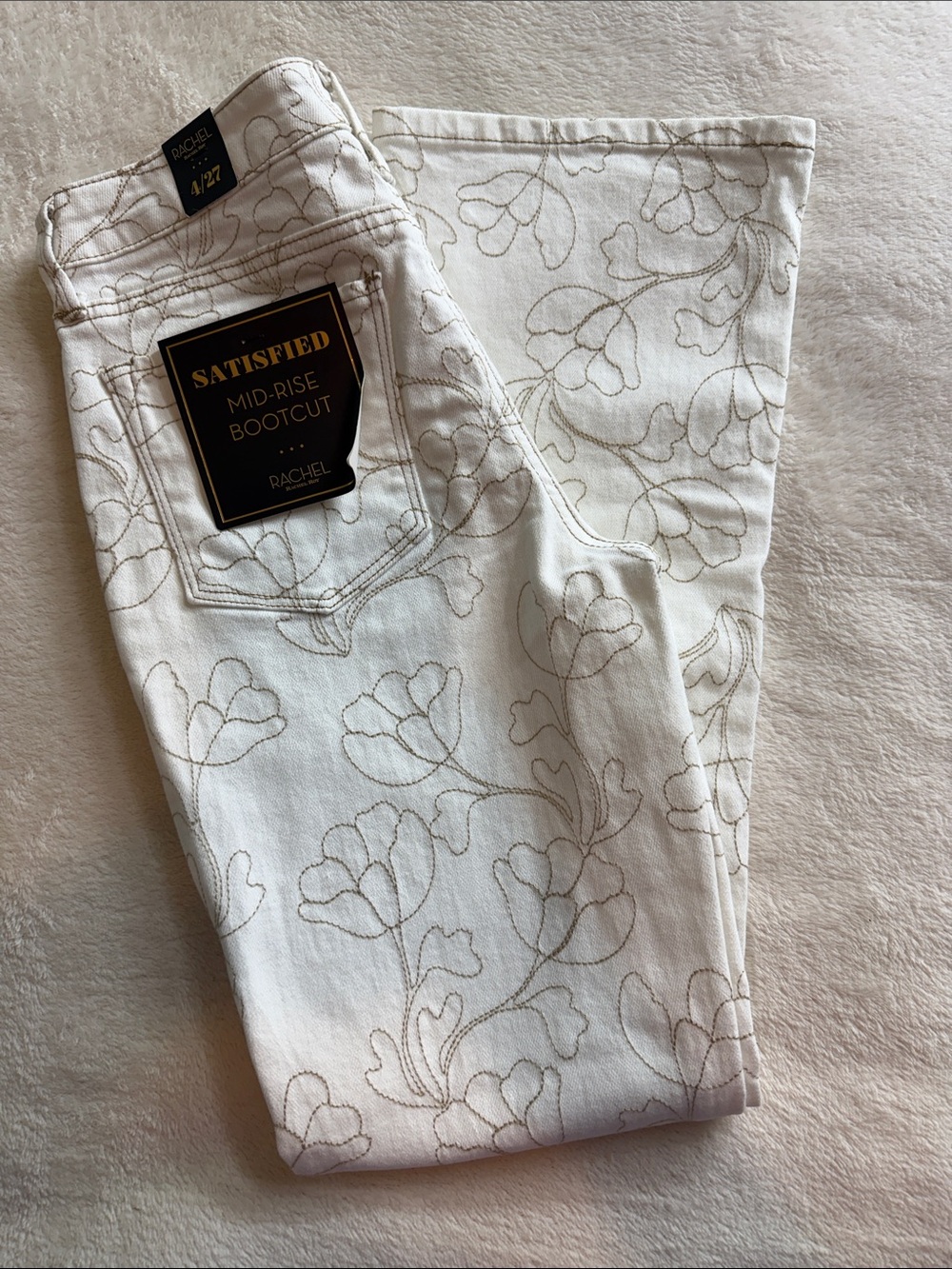NWT Rachel Rachel Roy Satisfied White Floral Beige Embroidered Bootcut Jeans 4 - Picture 4 of 14
